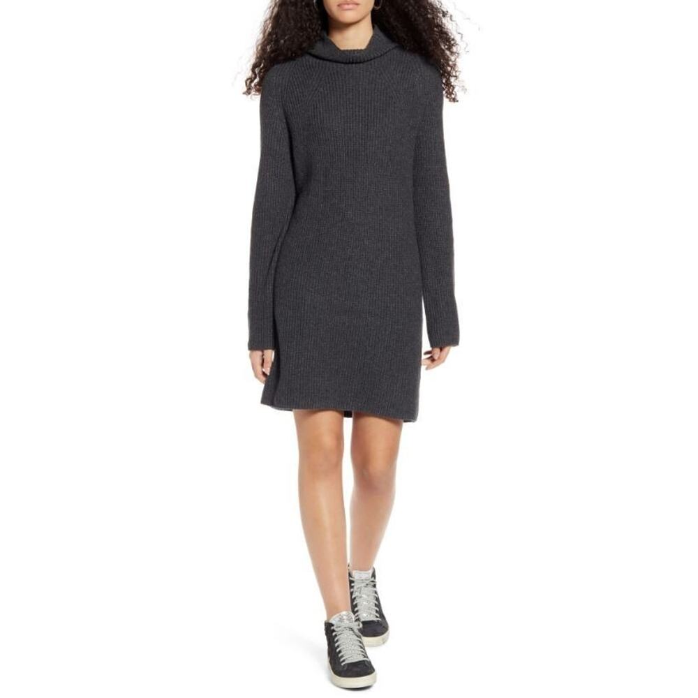 BP Women's Mock Neck Ribbed Knit Sweater Dress in Dark Grey Charcoal Heather 2XS